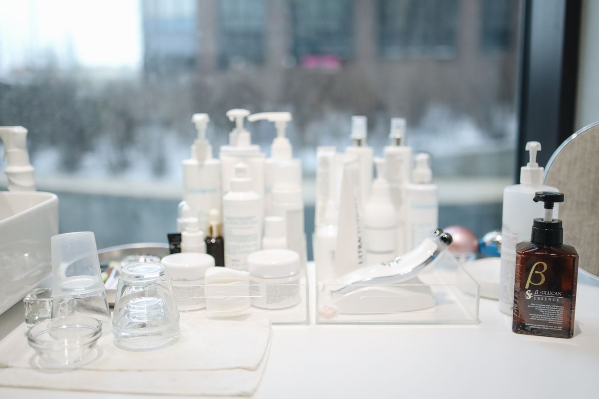 Professional skincare products at the studio counter